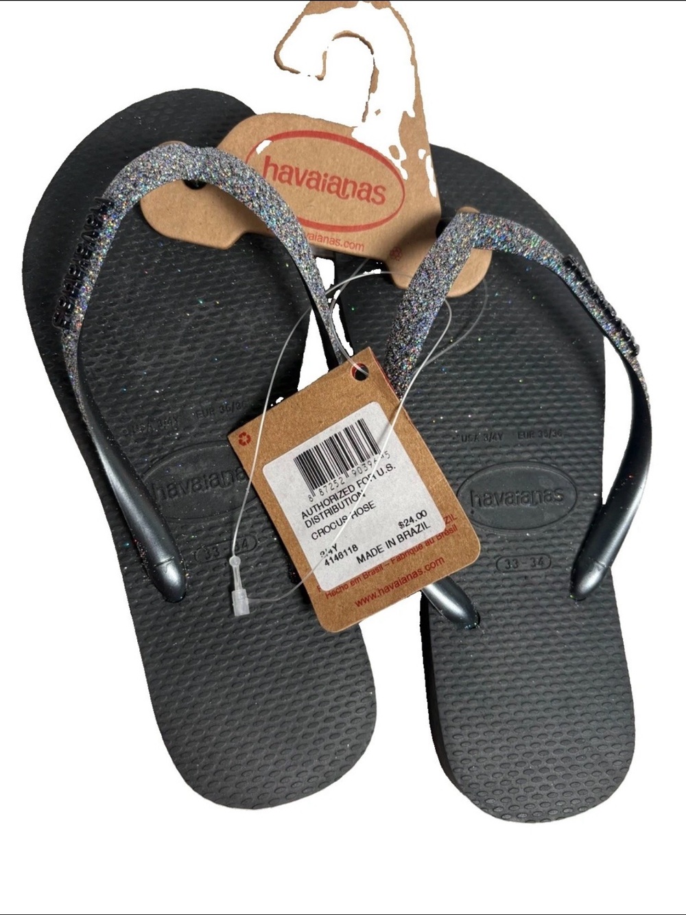 Havaianas Girl’s Black Gray Metallic Glitter NWT Flip Flops Sandals Size 3/4Y